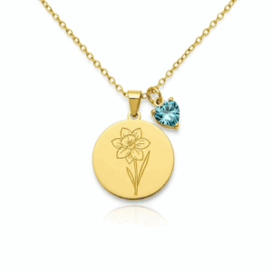 Floral Engraved Pendant Necklace with Daffodil Heart Charm - Custom Flower Birthstone Necklace for Elegant Style