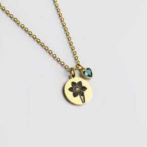 Elegant Custom Birth Flower Necklace with Engraved Flower Pendant and Blue Heart Charm
