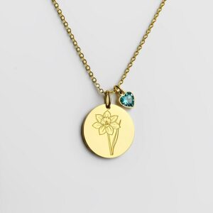 Custom Daffodil Birthstone Necklace: Elegant Gold Pendant with Personalized Floral Design & Heart Charm Blue Gemstone Necklace