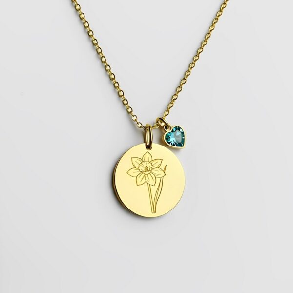 Custom Daffodil Birthstone Necklace: Elegant Gold Pendant with Personalized Floral Design & Heart Charm Blue Gemstone Necklace