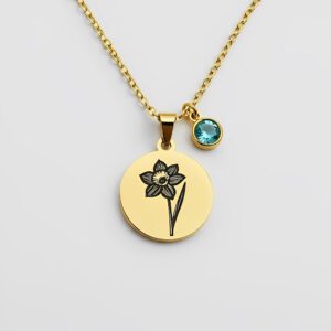 Custom Birthstone Flower Charm Necklace: Elegant Gold Toned Floral Pendant with Minimalist Gemstone Accent