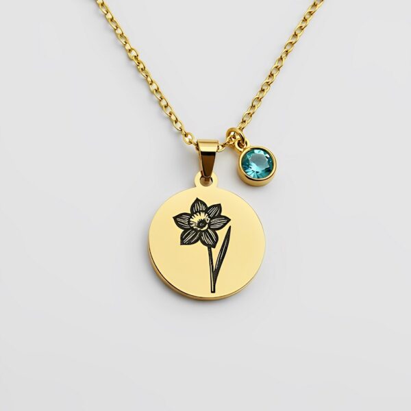 Custom Birthstone Flower Charm Necklace: Elegant Gold Toned Floral Pendant with Minimalist Gemstone Accent