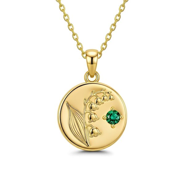 Gold Lily-of-the-Valley Engraved Pendant with Green Gemstone: Custom Birth Month Flower Birthstone Necklace & Floral Charm Necklace