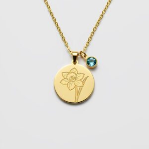 Gold Daffodil Birthstone Pendant Necklace - Personalized Flower Charm Necklace - Custom Daffodil Gemstone Necklace