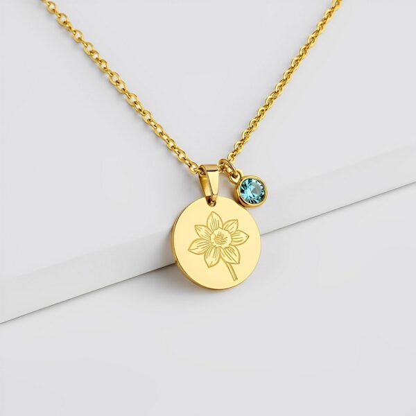 Elegant Gold Flower Engraved Pendant Necklace with Personalized Gemstone Flower Charm Jewelry - Custom Birth Month Flower Birthstone Charm Necklace