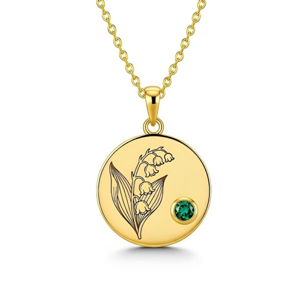 Gold Lily of the Valley Pendant Necklace: Personalized Floral Gemstone Charm Necklace with Custom Birth Month Flower Birthstone