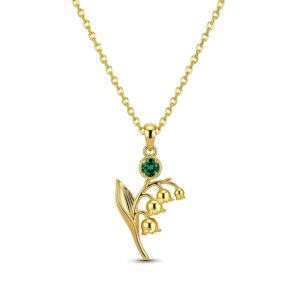 Elegant Custom Birth Month Flower Necklace – Gold Lily of the Valley Pendant with Personalized Birthstone Charm Necklace Detail