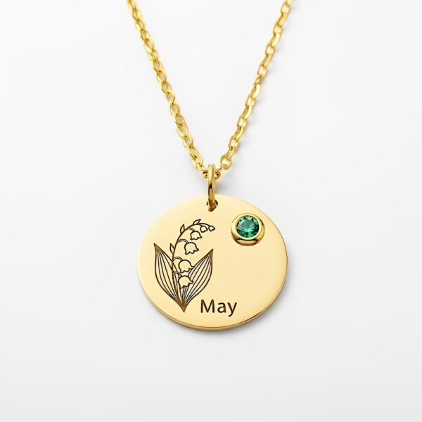 Custom May Birth Flower Birthstone Necklace - Gold Lily of the Valley May Charm Pendant with Emerald Birthstone