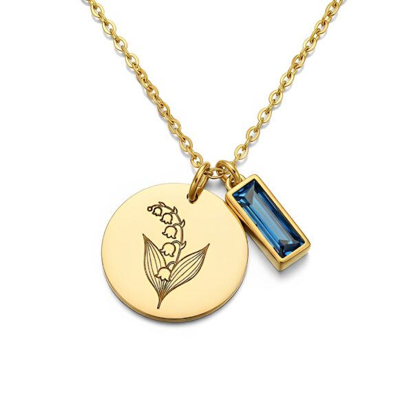 Elegant Gold Lily of the Valley Necklace with Custom Birthstone Charm and Blue Gemstone Floral Pendant