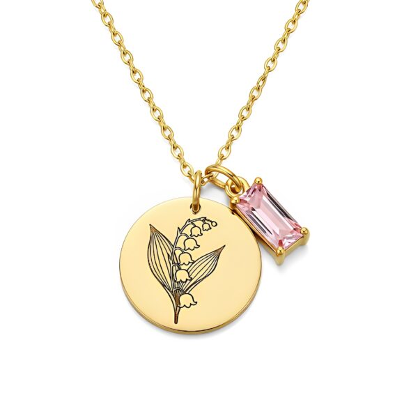 Custom Engraved Floral Pendant Necklace - Gold Lily-of-the-Valley Pink Gemstone Necklace with Personalized Delicate Gold Chain Keepsake