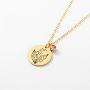 Custom Birth Month Flower Birthstone Charm Necklace – Gold Lily of the Valley Pendant Necklace, Personalized Floral Birthstone Jewelry