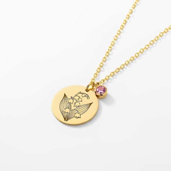 Custom Birth Month Flower Birthstone Gold Charm Bouquet Necklace – Gold Lily of the Valley Birthstone Necklace with Personalized Floral Gold Disc Pendant