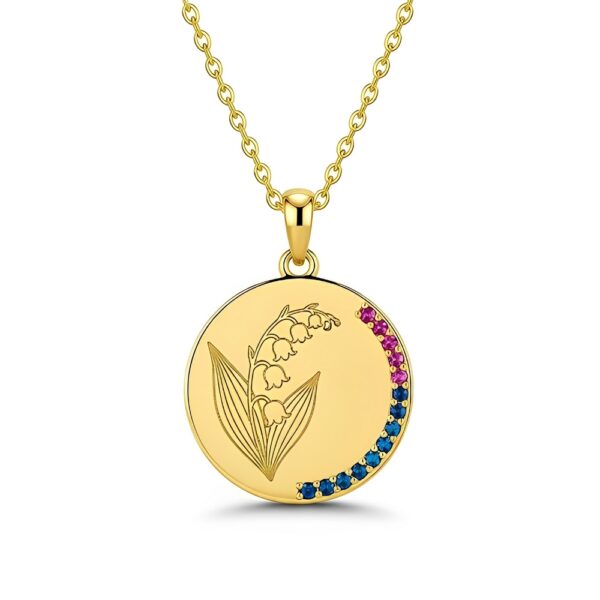 Custom Birth Month Flower Birthstone Gold Charm Necklace - Lily of the Valley Pendant with Sapphire & Amethyst