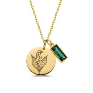 Sophisticated Gold Floral Engraved Necklace with Green Gemstone | Custom Lily of the Valley Birthstone Necklace