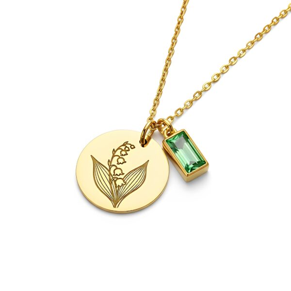 Elegant Gold Lily of the Valley Pendant Necklace with Botanical Emerald Birthstone, Custom Birth Month Flower Charm