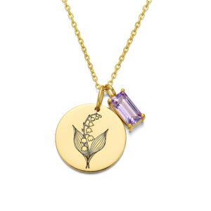 Golden Floral Charm Necklace with Purple Stone - Exquisite Custom Birth Month Flower Necklace