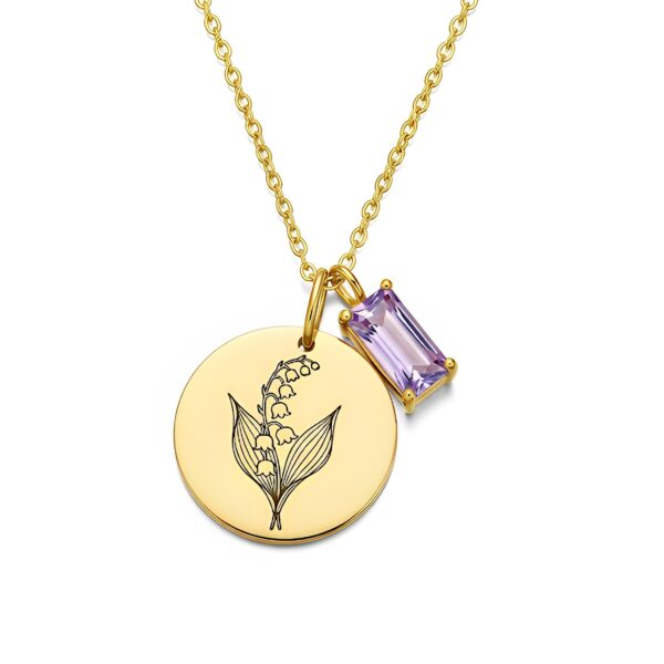 Golden Floral Charm Necklace with Purple Stone - Exquisite Custom Birth Month Flower Necklace