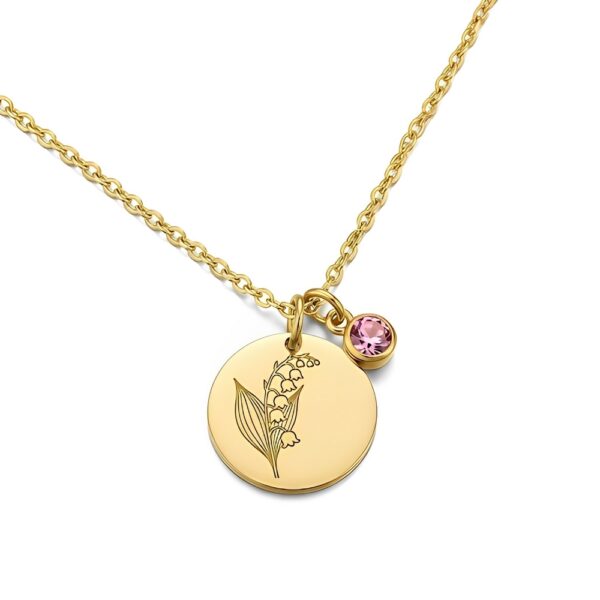 Discover the custom birth month flower birthstone gold charm bouquet necklace! This gold - tone circular lily of the valley pendant necklace with pink gemstone charm is the perfect floral gold - tone necklace for women's special occasions, offering elegance and charm.