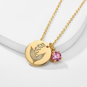 Custom birth month flower birthstone gold charm bouquet necklace, gold-tone round lily of the valley pendant necklace with pink gemstone, the perfect women's gold-tone necklace for gifts and layering