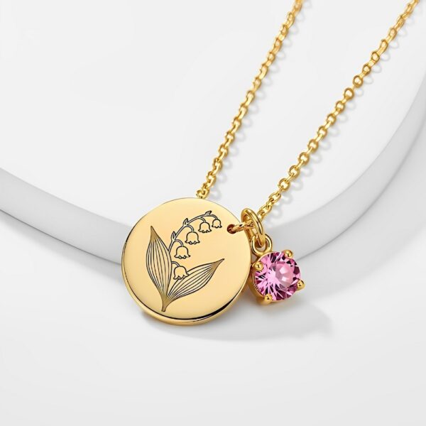 Custom birth month flower birthstone gold charm bouquet necklace, gold-tone round lily of the valley pendant necklace with pink gemstone, the perfect women's gold-tone necklace for gifts and layering