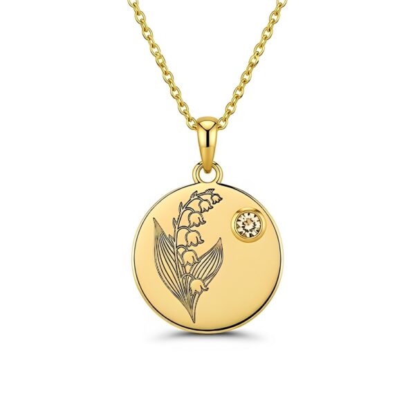 Indulge in the elegance of our custom birth month flower birthstone gold charm bouquet necklace. This gold lily of the valley pendant necklace with gemstone showcases a round lily of the valley design,perfect for women seeking a nature - inspired and meaningful piece of jewelry.