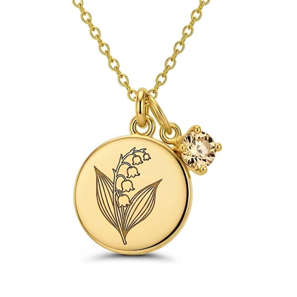 Discover our exquisite custom birth month flower birthstone gold charm bouquet necklace! This gold-plated lily of the valley engraved pendant necklace with gemstone is a true masterpiece. The delicate gold necklace with floral motif for special occasions is perfect for women of all ages, whether for daily wear or gifting on milestones.