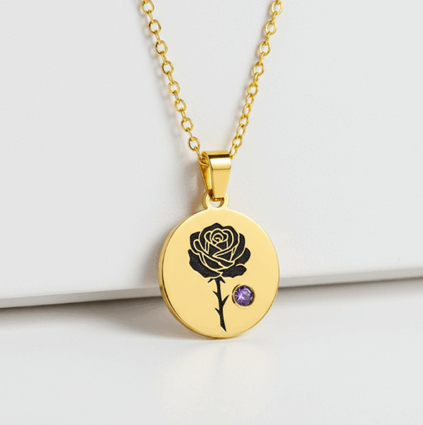 Elegant Gold Rose Pendant Necklace with Floral Amethyst Charm - Birth Month Flower Gemstone Necklace