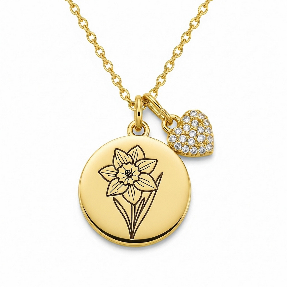 Elegant Custom Daffodil Birth Flower Necklace – Gold Birth Month Flower Charm Necklace with Personalized Birthstone – Custom Birth Month Flower Birthstone Charm Necklace