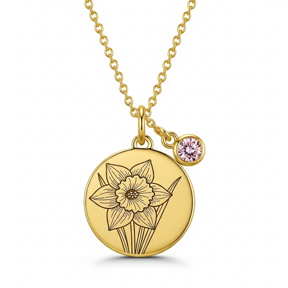 Custom Birth Month Flower Birthstone Charm Necklace – Daffodil Flower Gold Pendant Necklace with Personalized Floral Birthstone Jewelry Accent