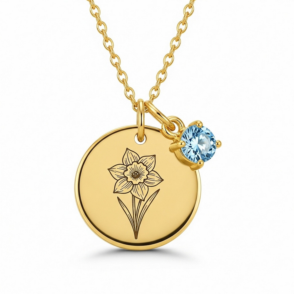 Elegant Custom Birth Flower and Birthstone Necklace – Daffodil Flower Gold Charm Pendant with Personalized March Birthstone Jewelry Accent