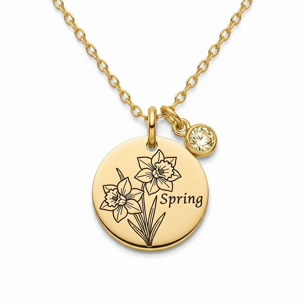 Custom Birth Month Flower Birthstone Charm Necklace – Daffodil Spring Flower Gold Pendant – Personalized Spring Birth Flower Necklace