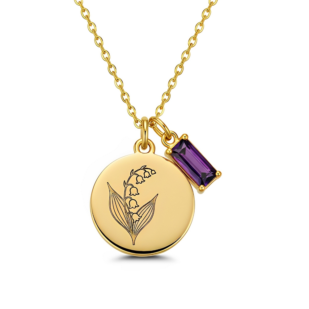 Custom Birth Month Flower Birthstone Charm Necklace - Gold Lily of the Valley Flower Pendant with Personalized Amethyst Birthstone
