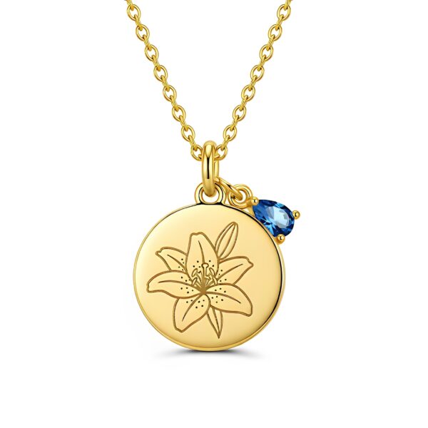 Custom Birth Month Flower Birthstone Charm Necklace – Gold Lily Flower Pendant with Blue Birthstone – Personalized Floral Birthstone Charm Necklace