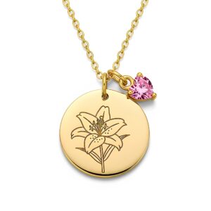 Custom Flower Birthstone Charm Necklace – Personalized Lily Flower Necklace with Gold Birth Month Flower Pendant