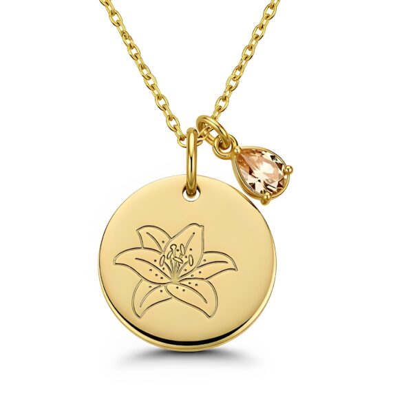 Custom Birth Month Flower Necklace with Flower Charm and Birthstone - Gold Lily Pendant Necklace