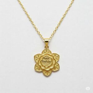 Gold Floral Pendant Necklace - Personalized Birthday Gift with Engraved 'Happy Birthday' Message