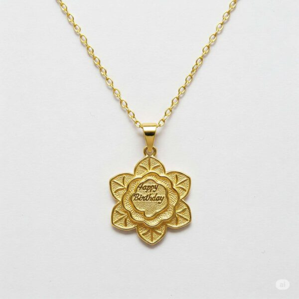 Gold Floral Pendant Necklace - Personalized Birthday Gift with Engraved 'Happy Birthday' Message