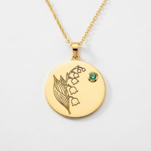 Custom Birth Month Flower Birthstone Gold Charm Necklace – Lily of the Valley Emerald Gold Pendant – Personalized Floral Birthstone Gold Necklace