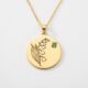Custom Birth Month Flower Birthstone Gold Charm Necklace – Lily of the Valley Emerald Gold Pendant – Personalized Floral Birthstone Gold Necklace