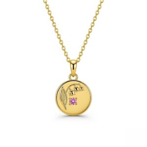 Custom Birth Month Flower Birthstone Gold Charm Bouquet Necklace – Lily of the Valley Gold Birthstone Pendant – May Birth Flower Necklace with Pink Gemstone