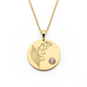 Custom Birth Month Flower Birthstone Gold Charm Necklace – Gold Lily of the Valley Birthstone Pendant – Personalized Floral Gold Disc Necklace