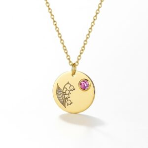 Custom Birth Month Flower Birthstone Gold Charm Bouquet Necklace - Personalized Floral Birthstone Gold Necklace with Lily of the Valley Pendant