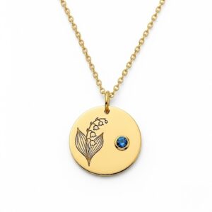 Custom Birth Month Flower Birthstone Gold Charm Necklace – Personalized Lily of the Valley Ruby Gold Pendant – Engraved Floral Birthstone Disc Necklace