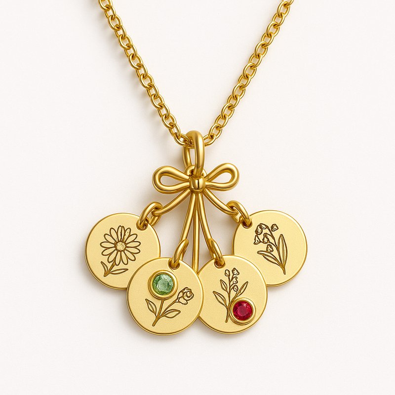 Custom Birth Month Flower & Birthstone Gold Charm Necklace Custom Birth Month Flower & Birthstone Gold Charm Necklace - 特色图片