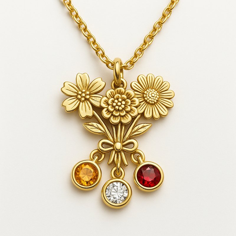 Custom Birth Month Flower Birthstone Gold Charm Necklaces - 特色图片