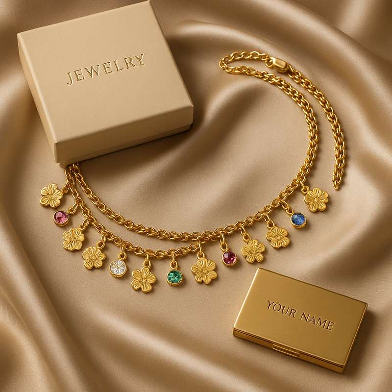 Custom Birth Month Flower & Birthstone Gold Charm Necklaces - 特色图片