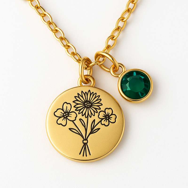 Custom Birth Month Flower & Birthstone Gold Charm Necklaces - 特色图片
