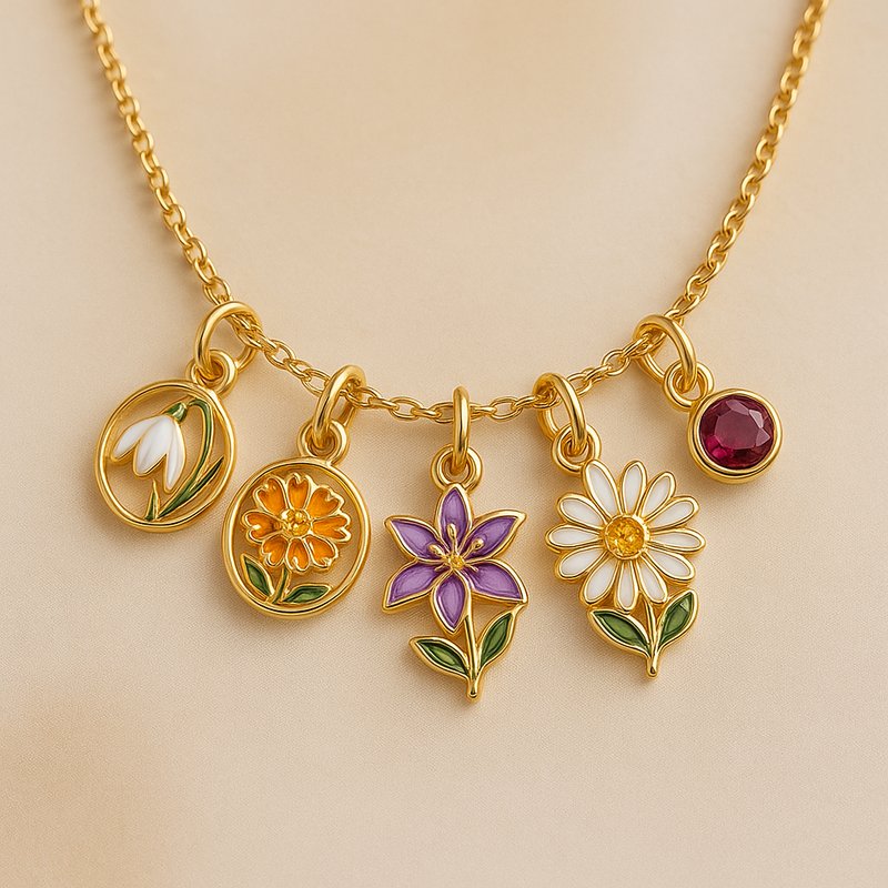 Custom Birth Month Flower Gold Charm Necklace - 特色图片