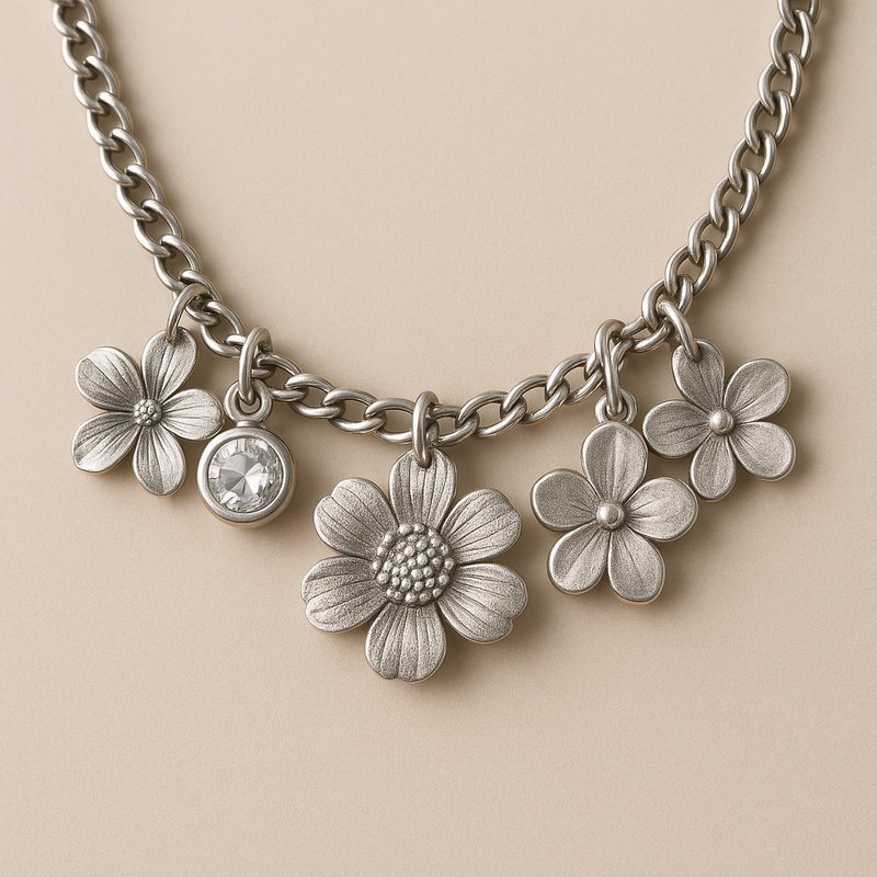 Stainless Steel Flower & Stone Charm Necklace Stainless Steel Flower & Stone Charm Necklace - 特色图片