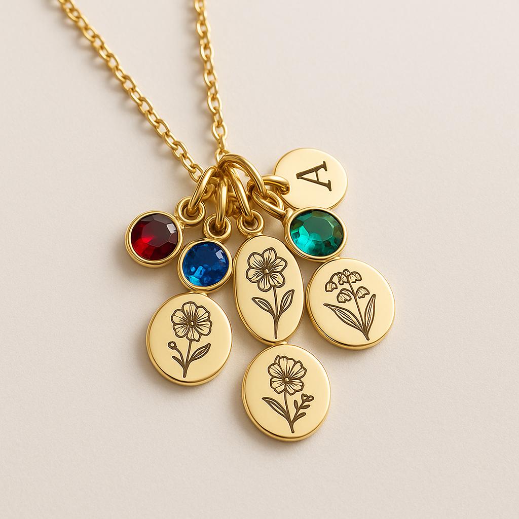 Custom Birth Month Flower Birthstone Gold Charm Necklace - 特色图片